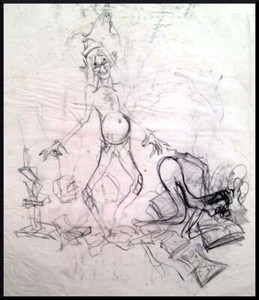 Julian Ritter - "Clown with a Lady" Charcoal on Vellum 17"x23" Un-Signed - 234
