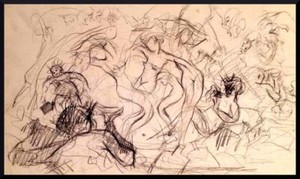 Julian Ritter-Sketch Of Nude Ladies-Charcoal on Card_ 13" x 24" Un-Signed - 323