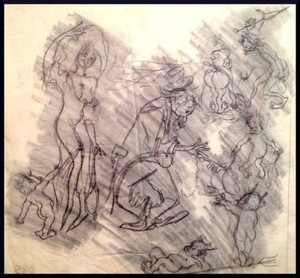 Julian Ritter-Clown With Ladies - Charcoal Tracing on Vellum - Un-Signed- 385