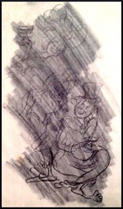 Julian Ritter-Clown With Lady-Charcoal Tracing on Vellum 10" x 14"Un-Signed- 374